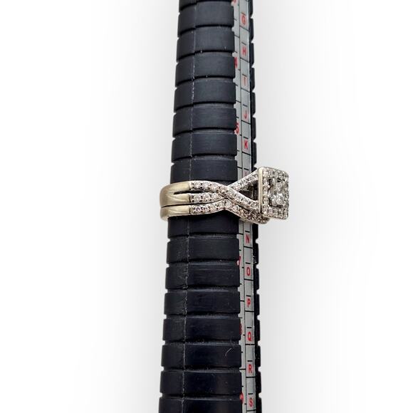 14k White Gold Diamond Bridal Set Princess Halo Engagement Ring & Twisted Band - Picture 8 of 12